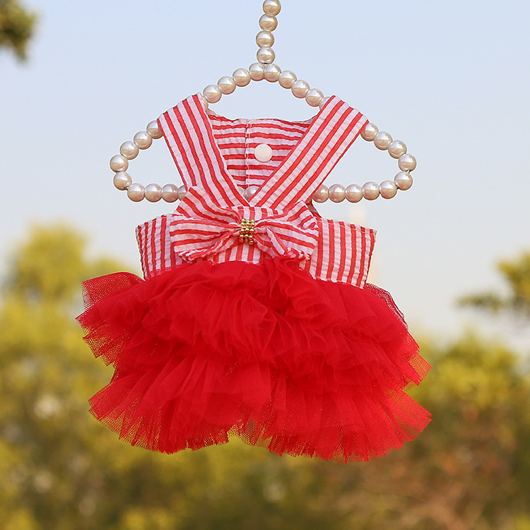 Spring And Summer Luxury Puppy Dog Pet Princess Dresses Teddy Stripe Strap Mesh Dog Cat Skirt