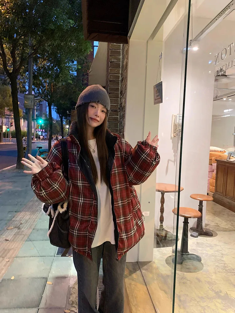 Reversible Parkas mens retro colored checkered thick jacket stand up collar warm loose jacket winter couple top 240909