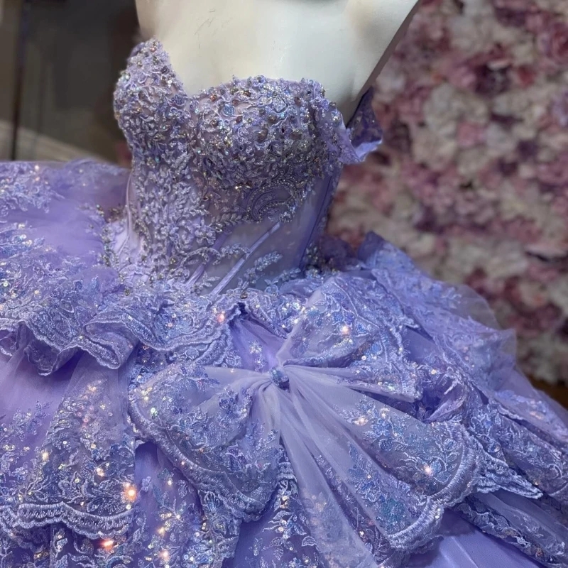 Lavender Mexican Quinceanera Dressess Luxury Applique Lace Beads Crystal Bow Tull Tiered vestido 15 quinceaneras Corset Lace Up Swee 16 Dress
