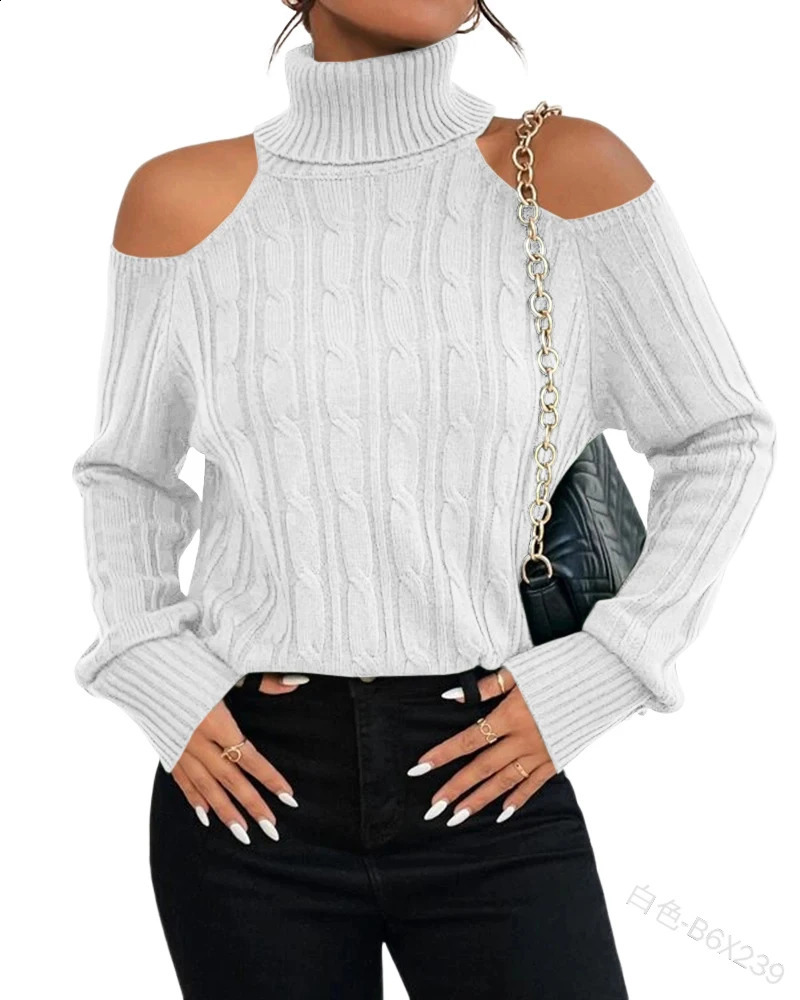 Womens Turtleneck Off Shoulder Sweater Sexy Cold Shoulder Top 2024 Autumn Winter Long Sleeve Soft Cable Knitted Pullovers 240911