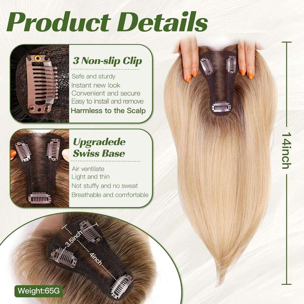 14 Inch Ombre Blonde Layered Topper Bangs Women Synthetic Toppers Swiss Base With 3 Clips For Thinning Hair