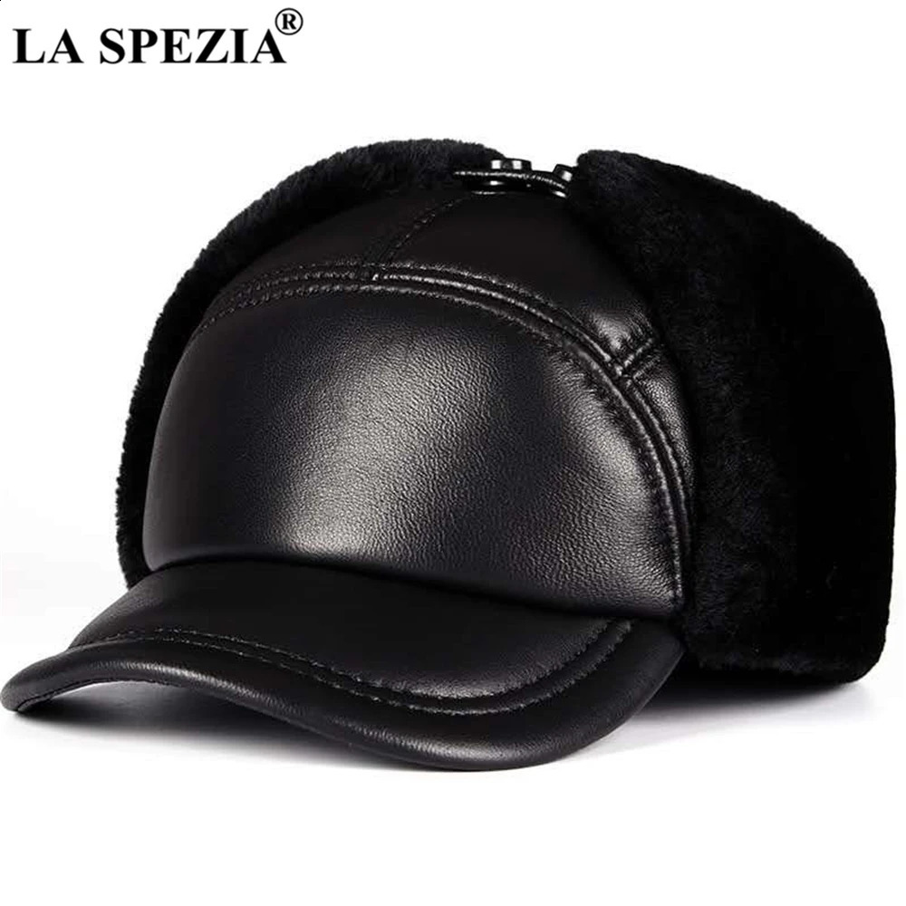 LA SPEZIA Winter Hat Men Genuine Leather Sheepskin Bomber Hat Earflap Black Warm Thick Ski Snow Windproof Male Russian Hat 240906CJ