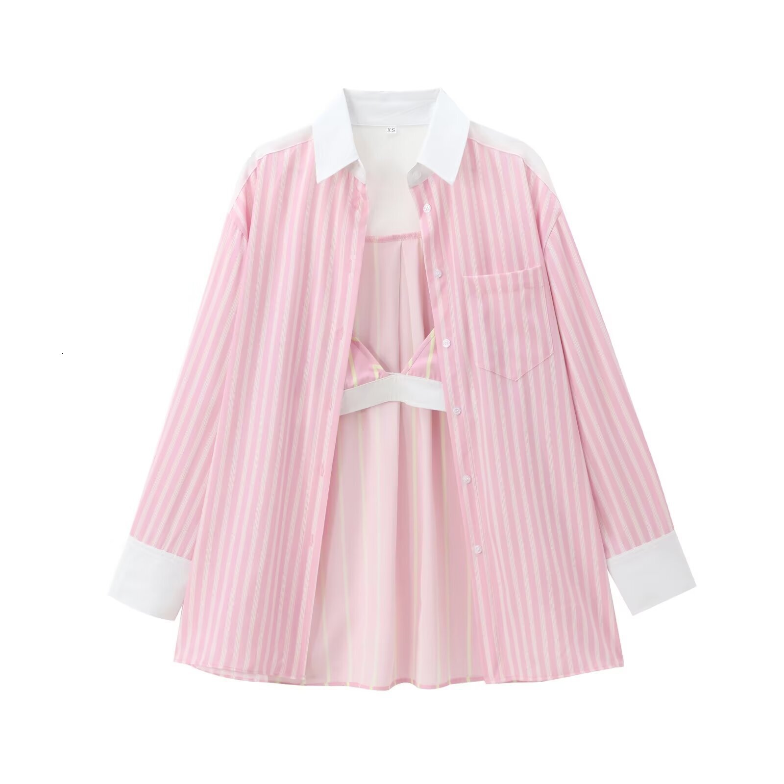 Pink Autumn Patchwork Contrasting Striped Womens New Product Poplin Vest Shirt Set