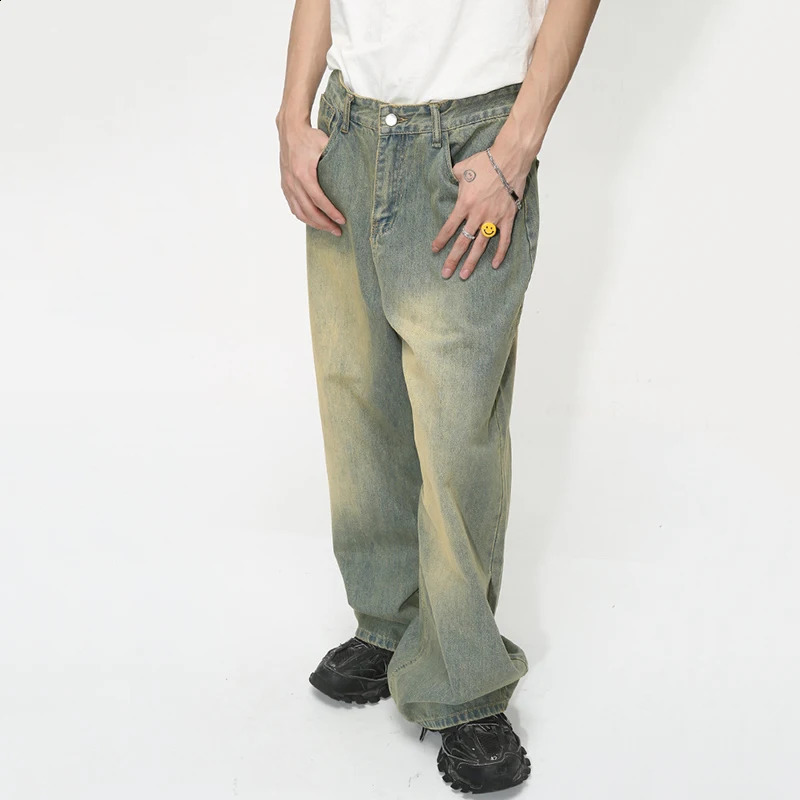 IEFB Vintage Gradient Baggy Jean Trousers Trend Mens Fashion Distressed Y2k Style Personality Wide Leg Casual Denim Pant 9C1149 240911