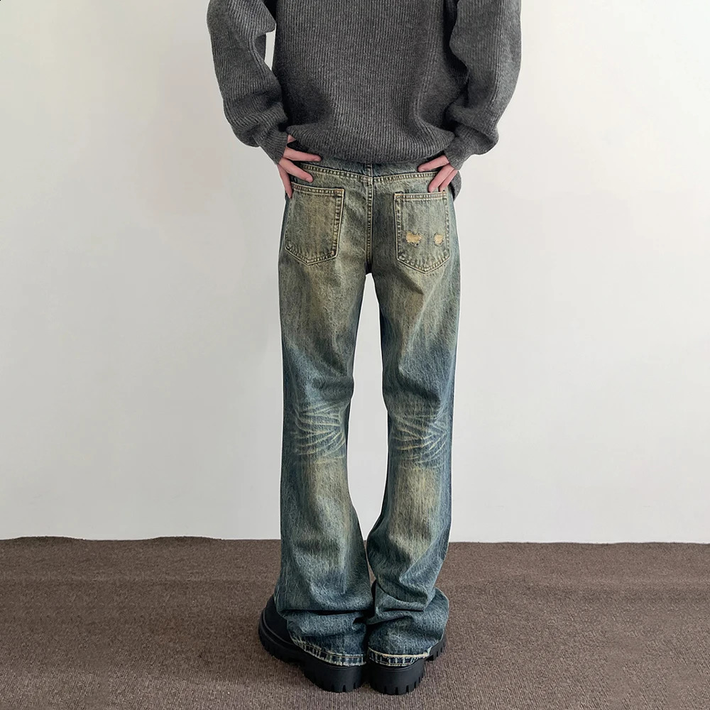 Jeans Men Streetwear Y2k Vintage Blue Distressed Casual Fashion Street Trousers Straight-leg Autumn Winter Flared Denim Pants 240911