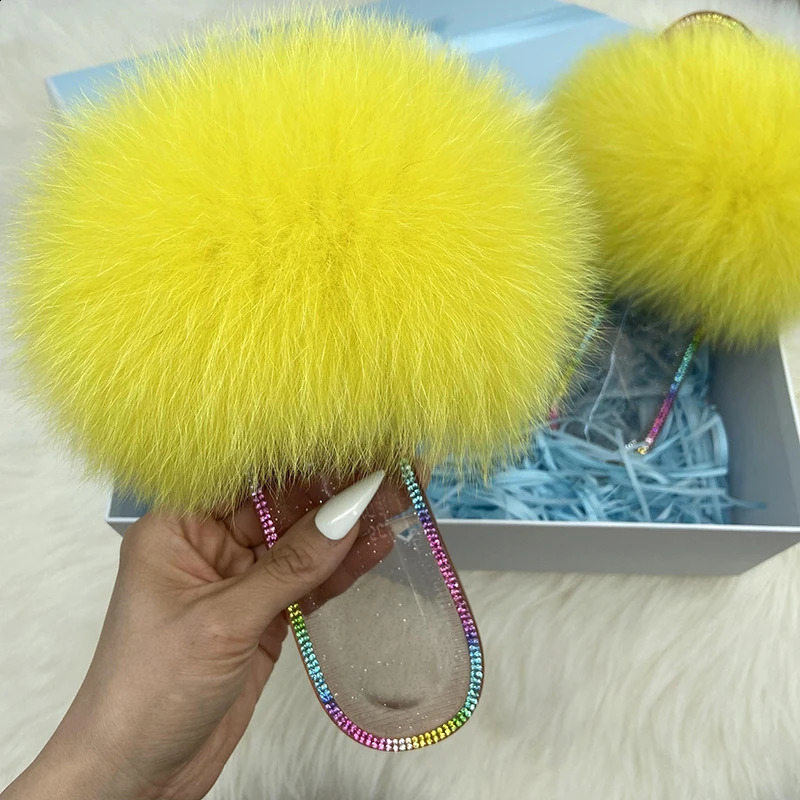 100% Natural Raccoon Fur Furry Slippers Crystal Flats Plush Slides Real Fox Fur Sandals Ladies Transparent Jelly Slipper 240910