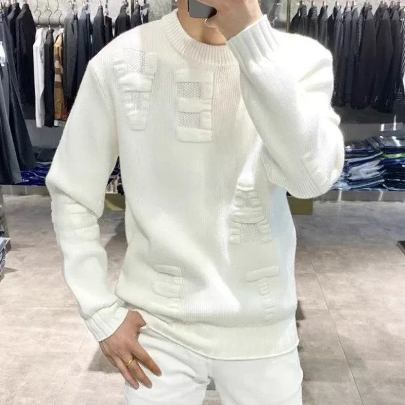 Mens Clothing Green Knit Sweater Male Letter Plain Solid Color Pullovers Sheap Korean Fashion Classic Jumpers A Overfit Heated 240910