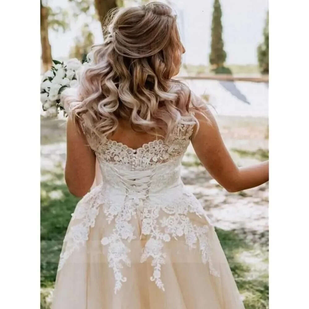 Wedding Champagne Bridal Dresses Gowns A Light E White Lace Applique Covered Buttons Corset Back Or Length Tulle Country Beach Vestido De Novia Ppliqu