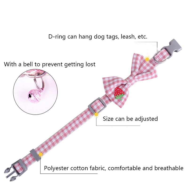 Dog Collar with Bow Fruit Embroidery Pattern and Bells, Adjustable Plaid Pet Collar for Cute Cats and Puppies Pet Accessories