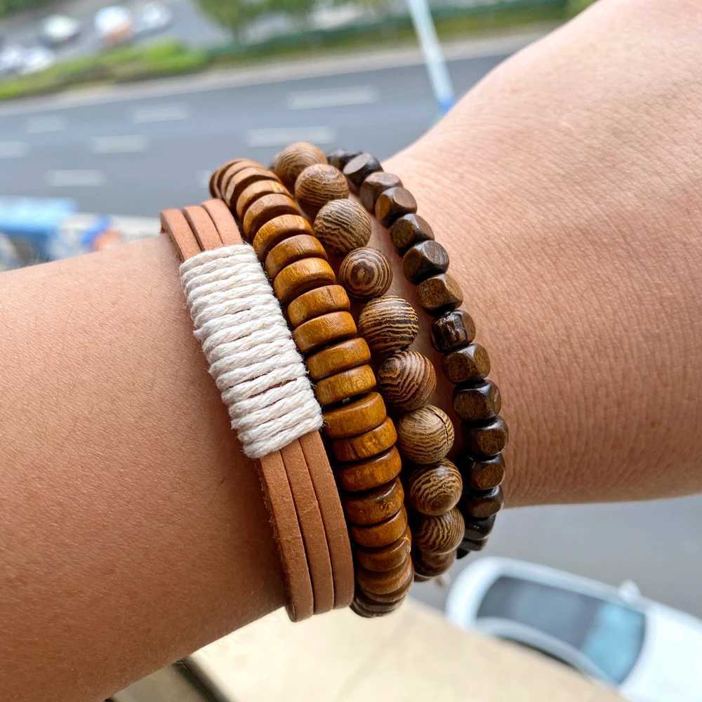 Men Multilayer Wooden Bead Bracelet Handmade Vintage Brown Leather Rope Bracelet 2024 New Ethnic Wristbands Bangle Jewelry GiftX240912