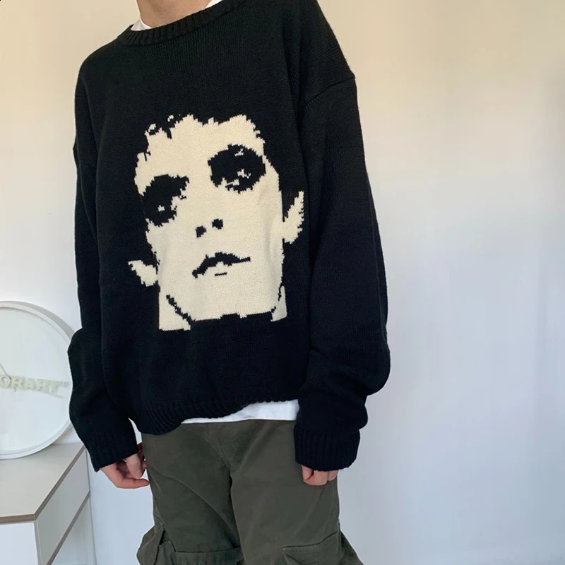 Gothic extinct portrait Print Pullover Hip Hop Streetwear Knitted Oversized Sweater Men Winter Harajuku Cotton sweater Unisex 240912