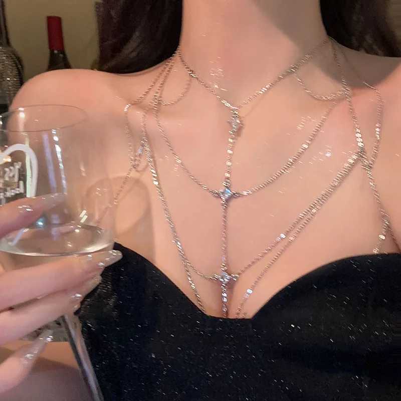 Deluxe square crystal chest chain suitable for Mtilayer silver metal beads zircon body chain sexy beach bikini jewelry gift X250410