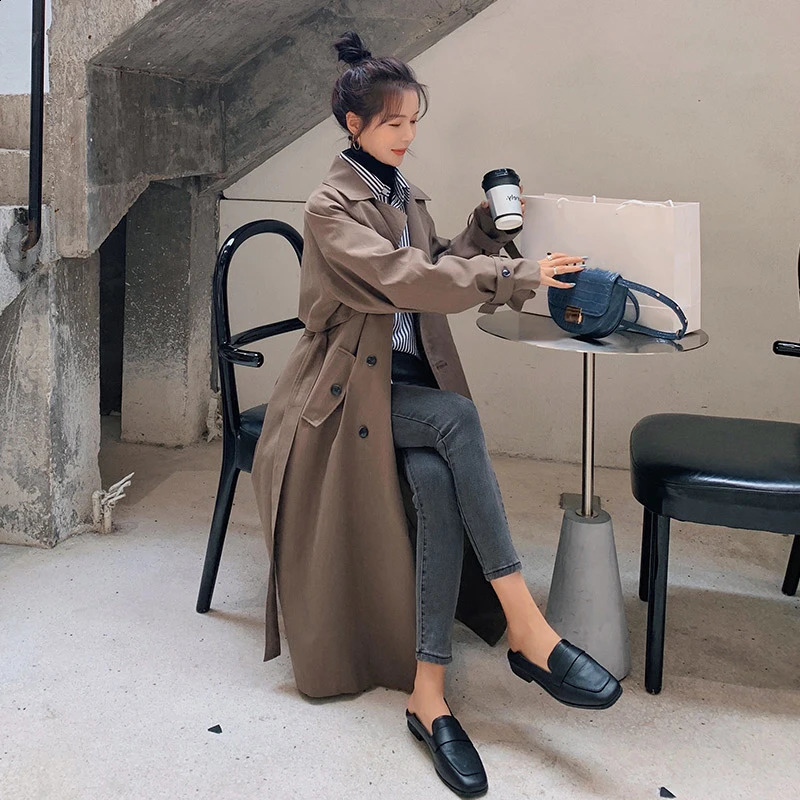 Fashion coffee colored long trench coat womens clothing spring/summer item Korean waist windproof coat 240911
