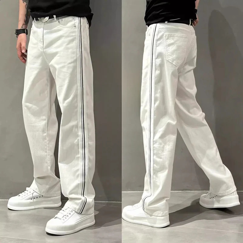 Summer thin fashion mens loose white jeans striped pants casual straight cylindrical design fashionable loose style mens 240911