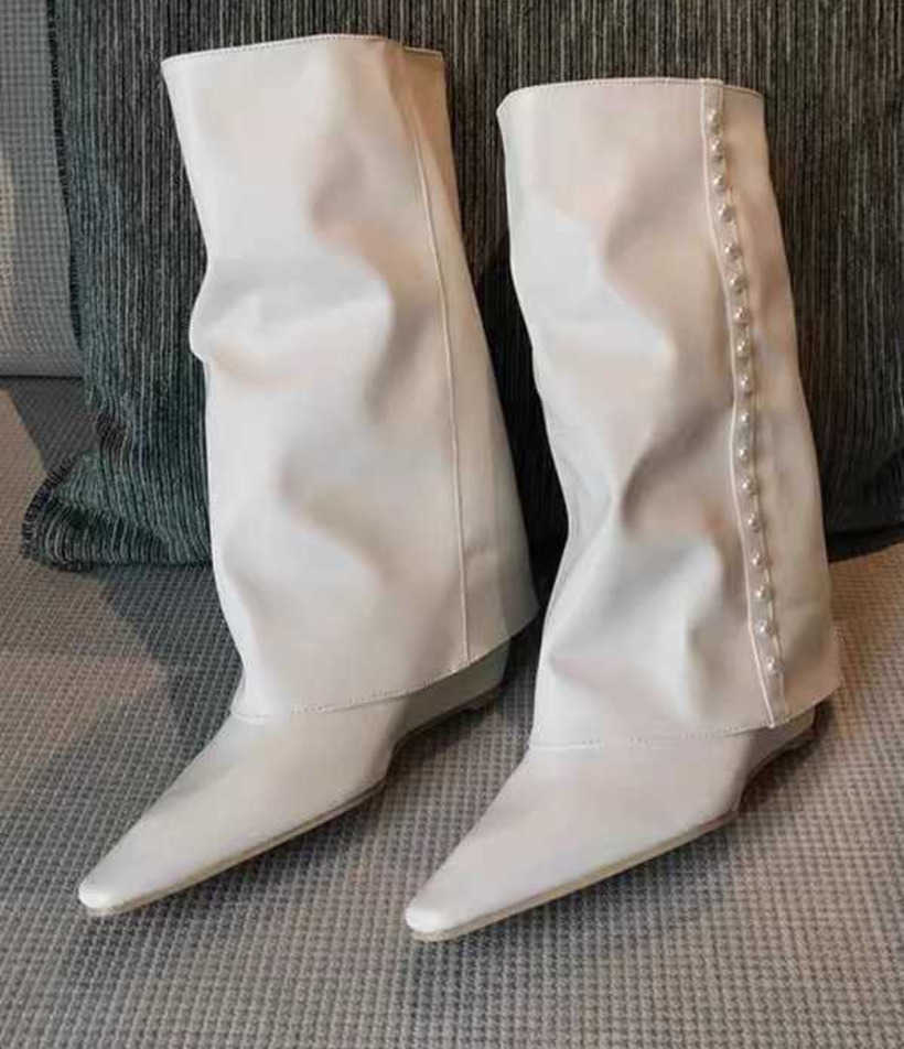 Shining Legs Thin White Martin Boots Mesh Fat Mm Pointed Fashion Boots Slope Heel High Knee Length Boots For Women 240826