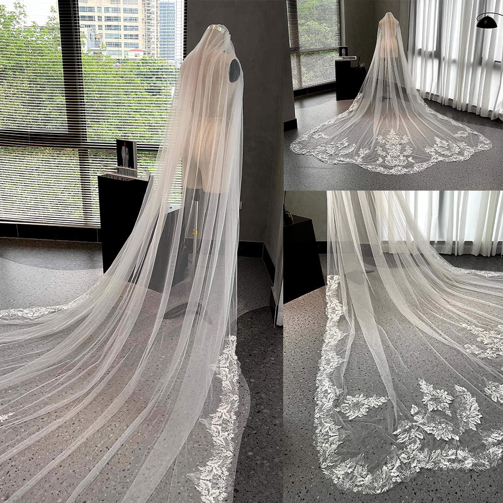 Classic Wedding Veil Lace Appliques Bridal Veil with Comb Royal Long Special Cut Veil White Ivory Custom Made Wedding Accessories