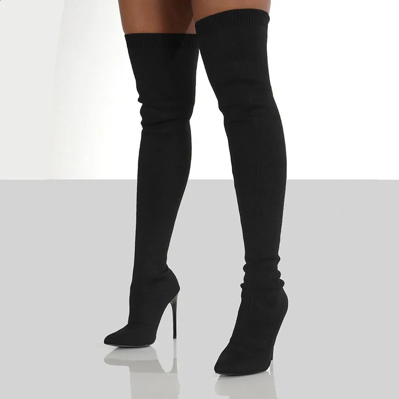 Womens long boots sexy thin high heels knee high knitted elastic Botas autumn womens black beige sock boots 240911