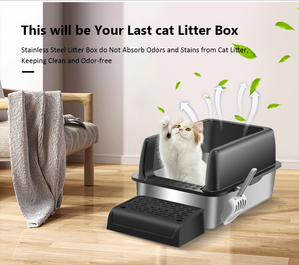 Cat Cleaning Products Stainless Steel Cat Toilet Box Splash Proof Removable Large Space Enclosure Cat Litter Box
