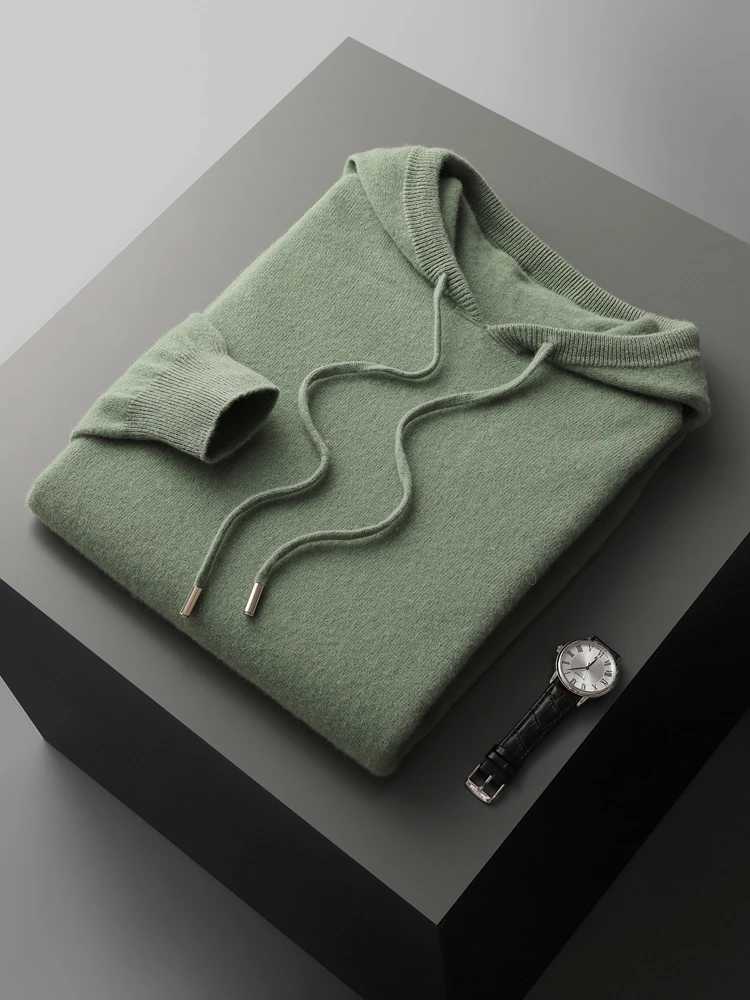 New Autumn Winter Mens Cashmere Hoodie Sweater 100% Merino Wool Hooded Pullover Large Size Knitwear Quality Soft Casual JumpersX240911