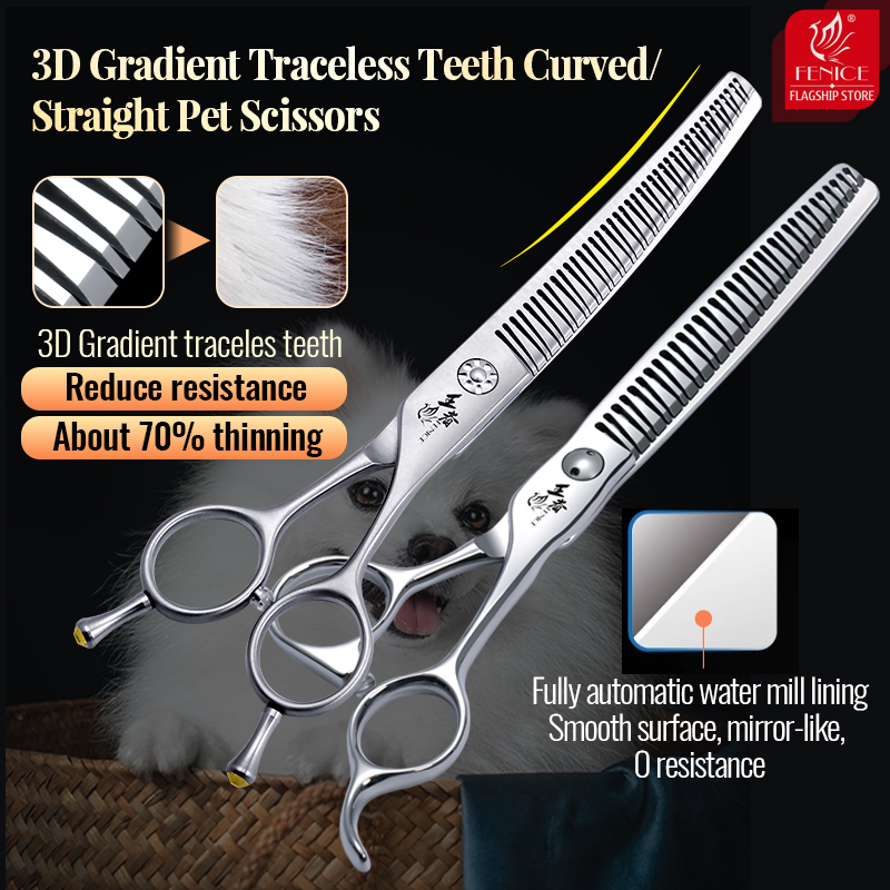 Fenice 7Inch VG10 Steel 3D Gradient Traceless Dog Grooming Straight/UP Curved Chunker Scissors Bearing Screws Pet Scissors 70%