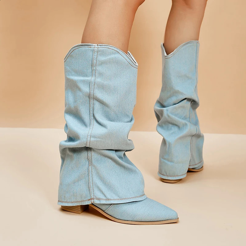 Pleated Block Heels Denim Boots for Women Autumn Pointed Toe Women High Knee Boots Plus Size Fashion Cowboy Woman Boots 240911