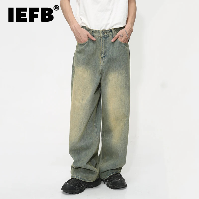 IEFB Vintage Gradient Baggy Jean Trousers Trend Mens Fashion Distressed Y2k Style Personality Wide Leg Casual Denim Pant 9C1149 240911