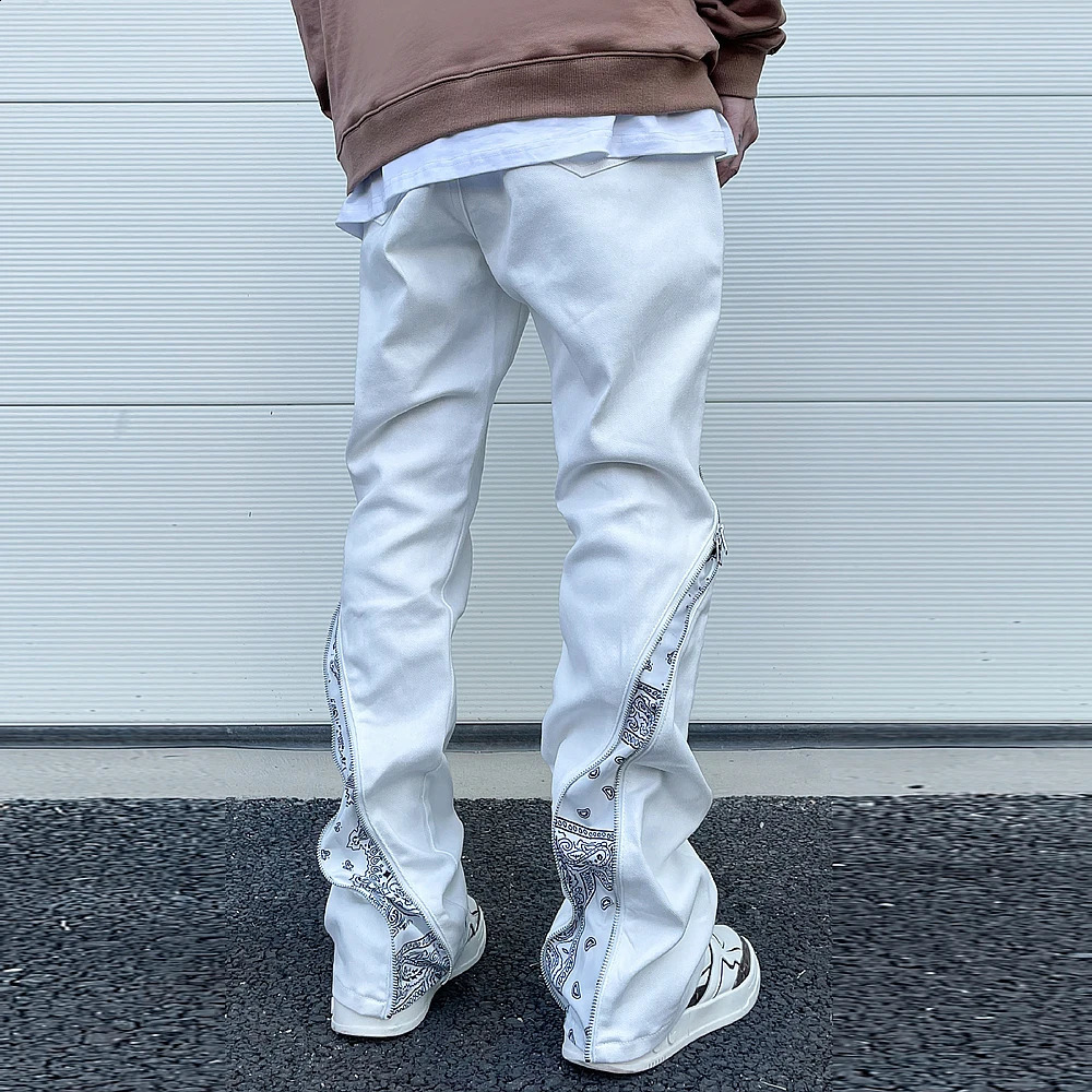 Curve Zipper Cashew Print Patchwork Jeans for Men Straight Black White Y2K Streetwear Casual Baggy Denim Trousers Oversized 240909