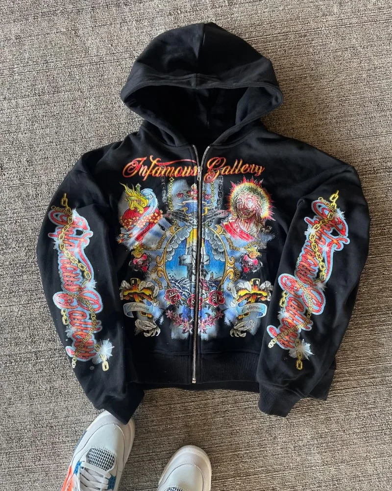 European and American High Street Fashion Anime Printed Zipper Hoodie Men Y2k Street Fashion Oversized Sweatshirt Women 240911