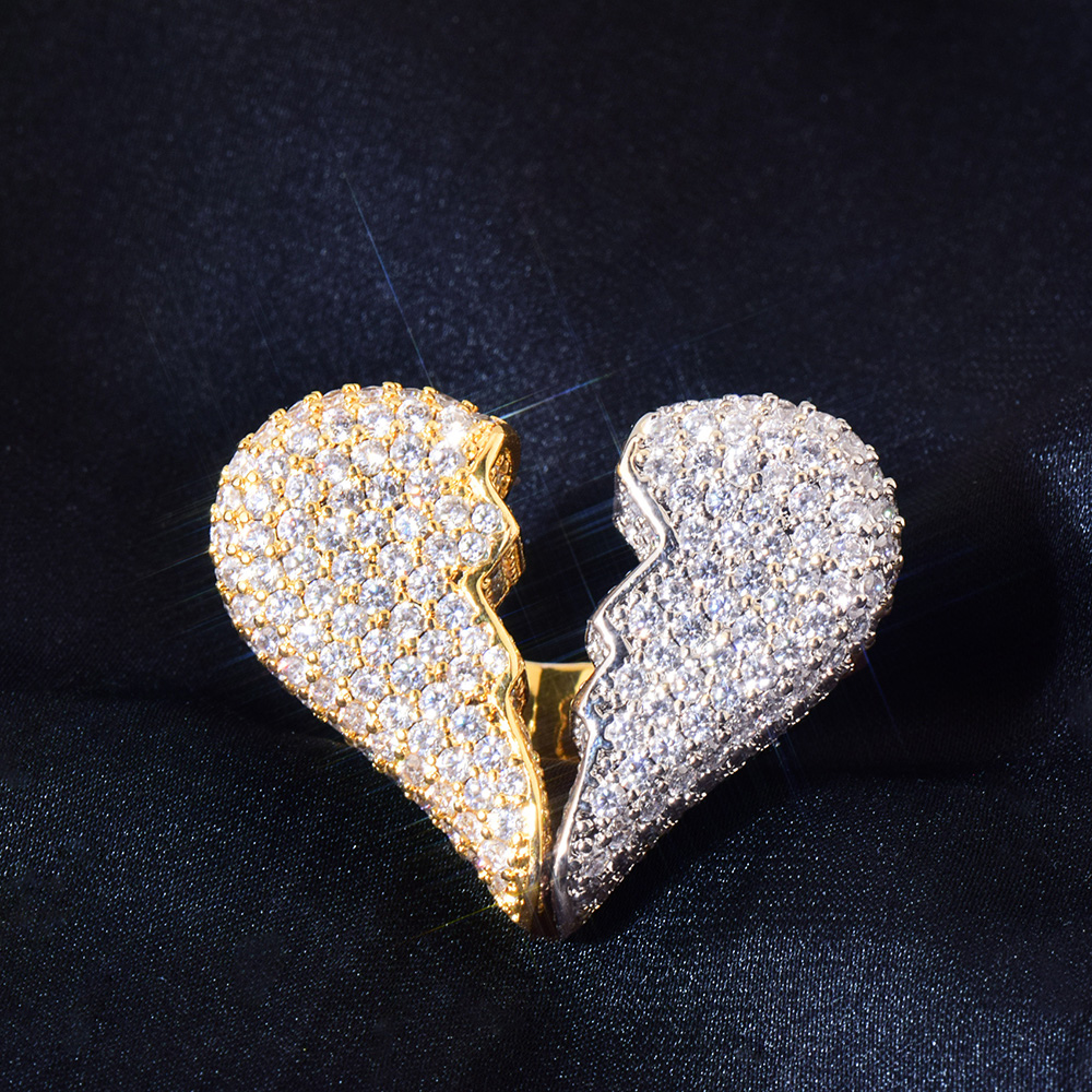 Hip Hop Broken Heart Casting Rings 18K Real Gold Plated 5A Zircon Couple Jewelry