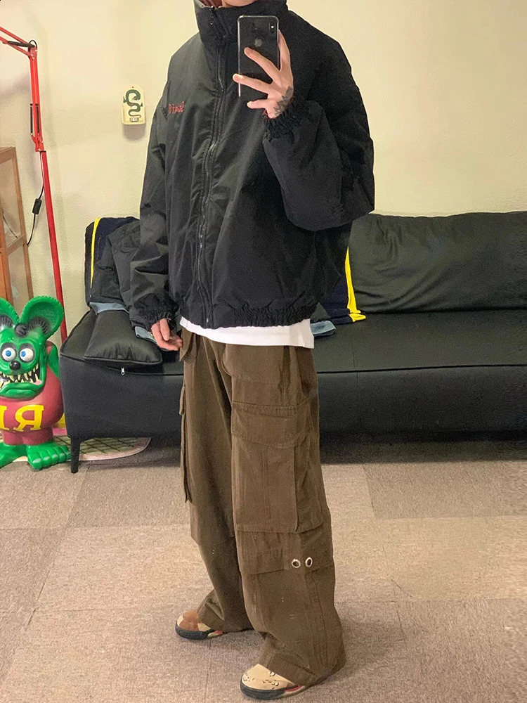 Reversible Parkas mens retro colored checkered thick jacket stand up collar warm loose jacket winter couple top 240909