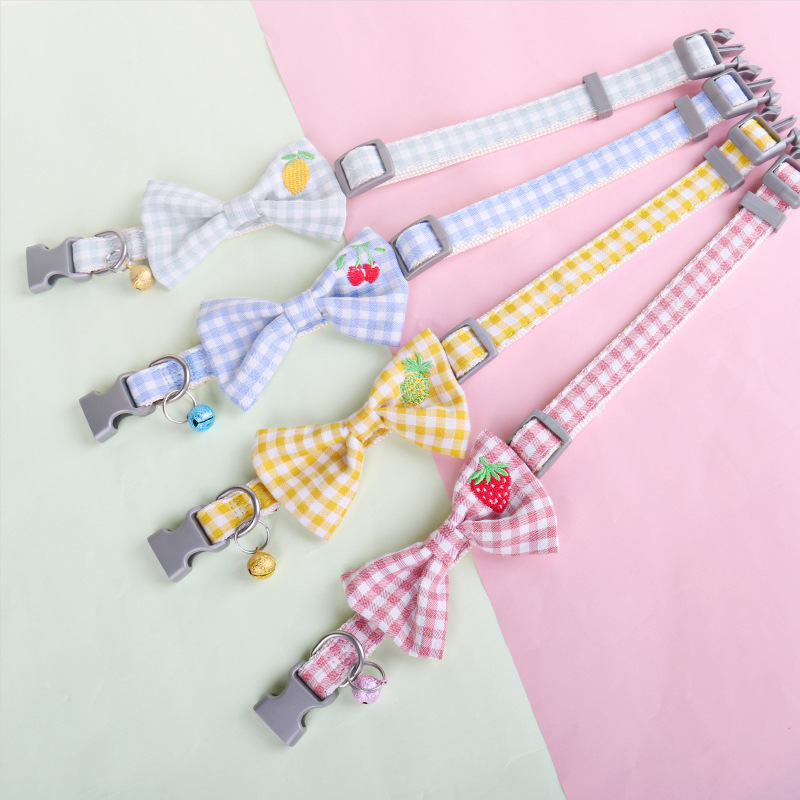 Dog Collar with Bow Fruit Embroidery Pattern and Bells, Adjustable Plaid Pet Collar for Cute Cats and Puppies Pet Accessories