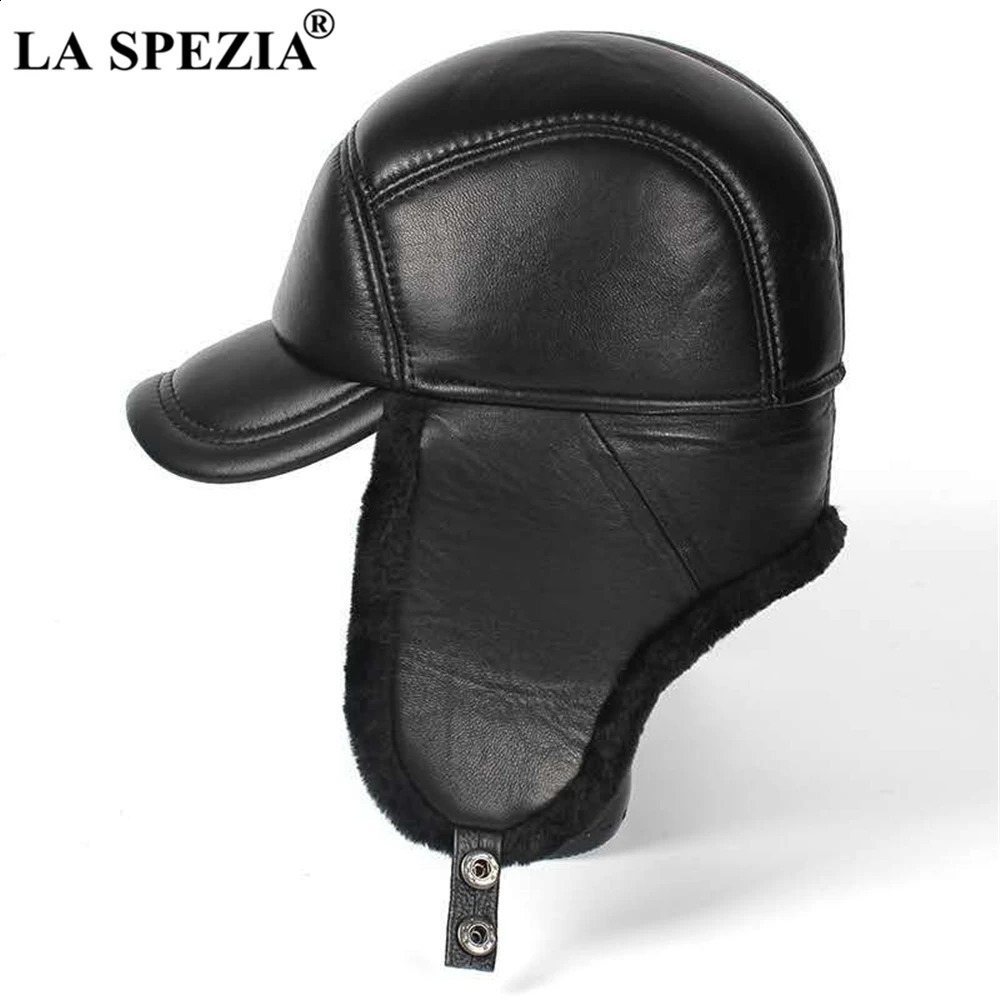 LA SPEZIA Winter Hat Men Genuine Leather Sheepskin Bomber Hat Earflap Black Warm Thick Ski Snow Windproof Male Russian Hat 240906CJ