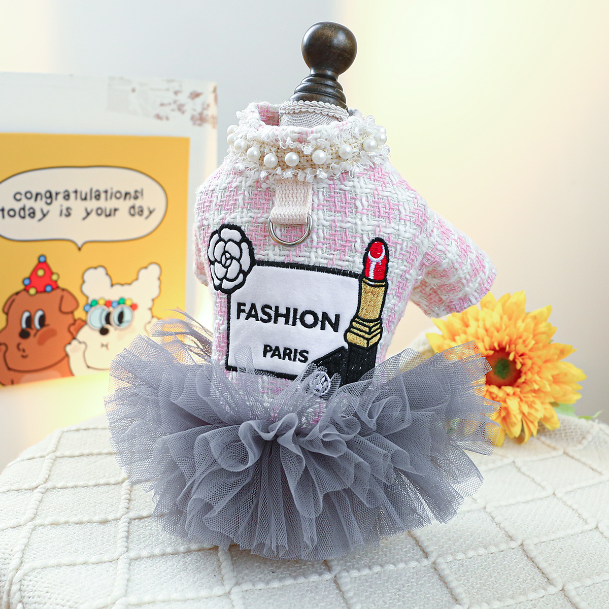 Luxury Dog Dresses For Princess Girl Winter Pet Clothes Pink Plaid Pearl Tulle Skirt Harness Coat Jacket Outfit XS XL Cat Goods