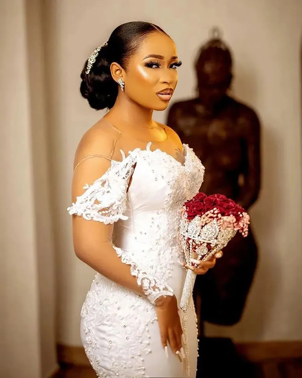 Sexy White Ivory Sweetheart Mermaid Wedding Dree Formal Trumpet New Plu Size Cutom Lace Up Blackle Long Sleeve Satin Applique Beaded Illuion