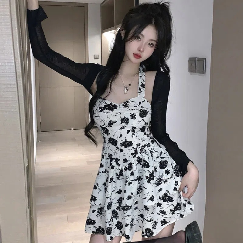 designer dresses large french lace patchwork floral camisole dress summer fat waist tea break fluffy skirt sun protection shirt set for women birthday