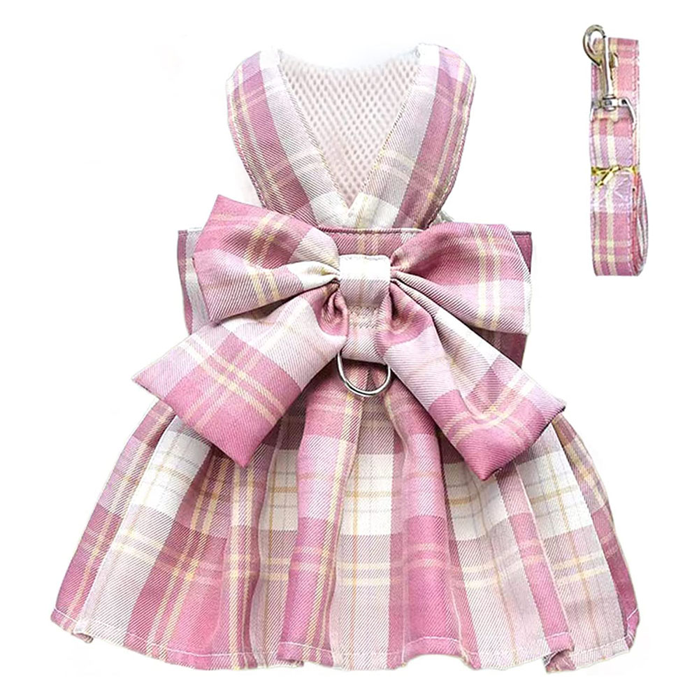 Plaid Dog Dress Bow Tie Harness Leash Set for Small Dogs Cats Girl Cute Princess Dog Dress Puppy Bunny Rabbit Clothes Pet Outfit