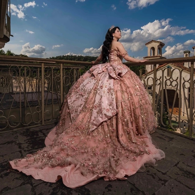 Pink Shiny Quinceanera Dresses Ball Gown Off The Shoulder 3D Floral Sequin Lace Applique Beaded Tull Corset Sweet 16 Dress Vestido 15 De