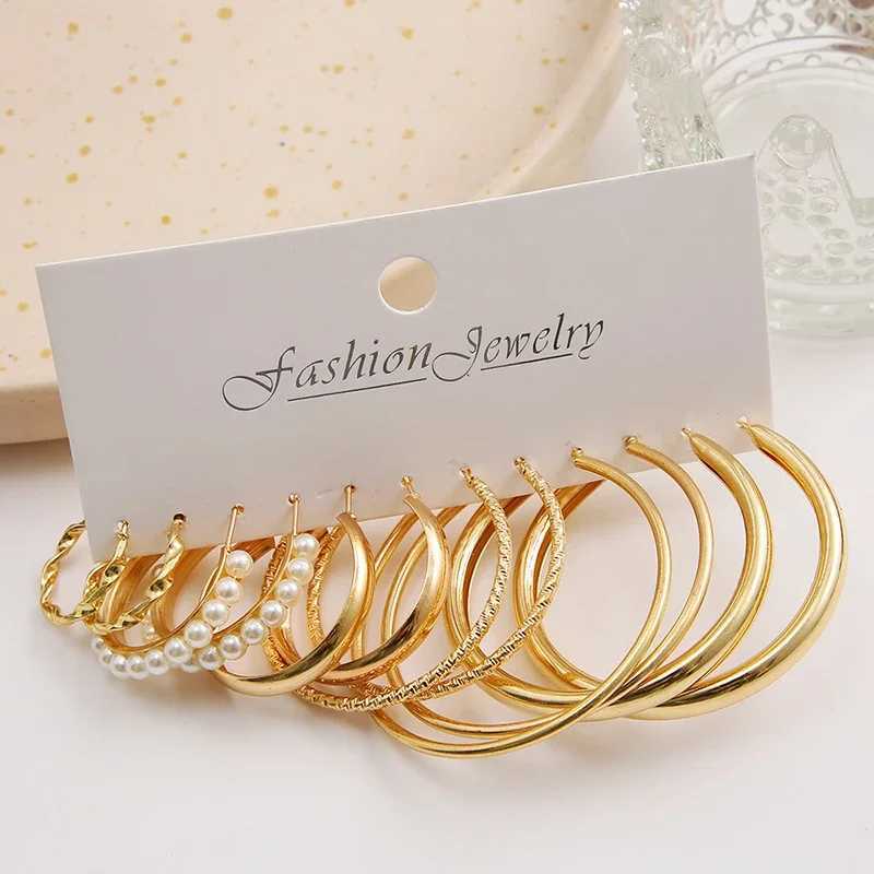 Boho Big Circle Hoop Earring Set for Women Gold Color Bohemia Vintage Pearl Earring Heart Zircon Ear Studs Jewelry GiftsX2409