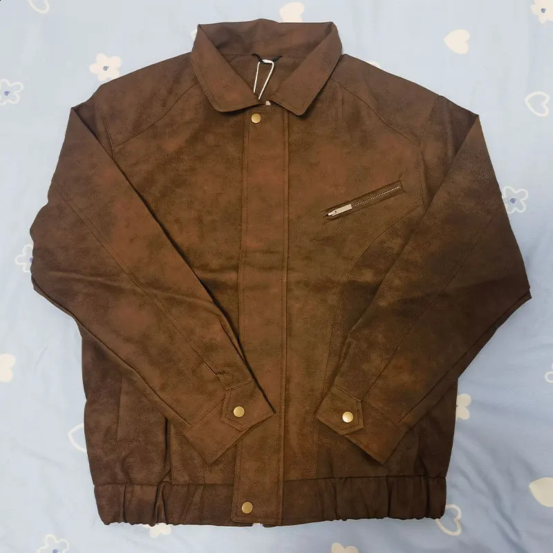 Mens autumn workwear lapel zipper short jacket trend lapel Pu leather solid color bomber jacket fashionable mens clothing 240906