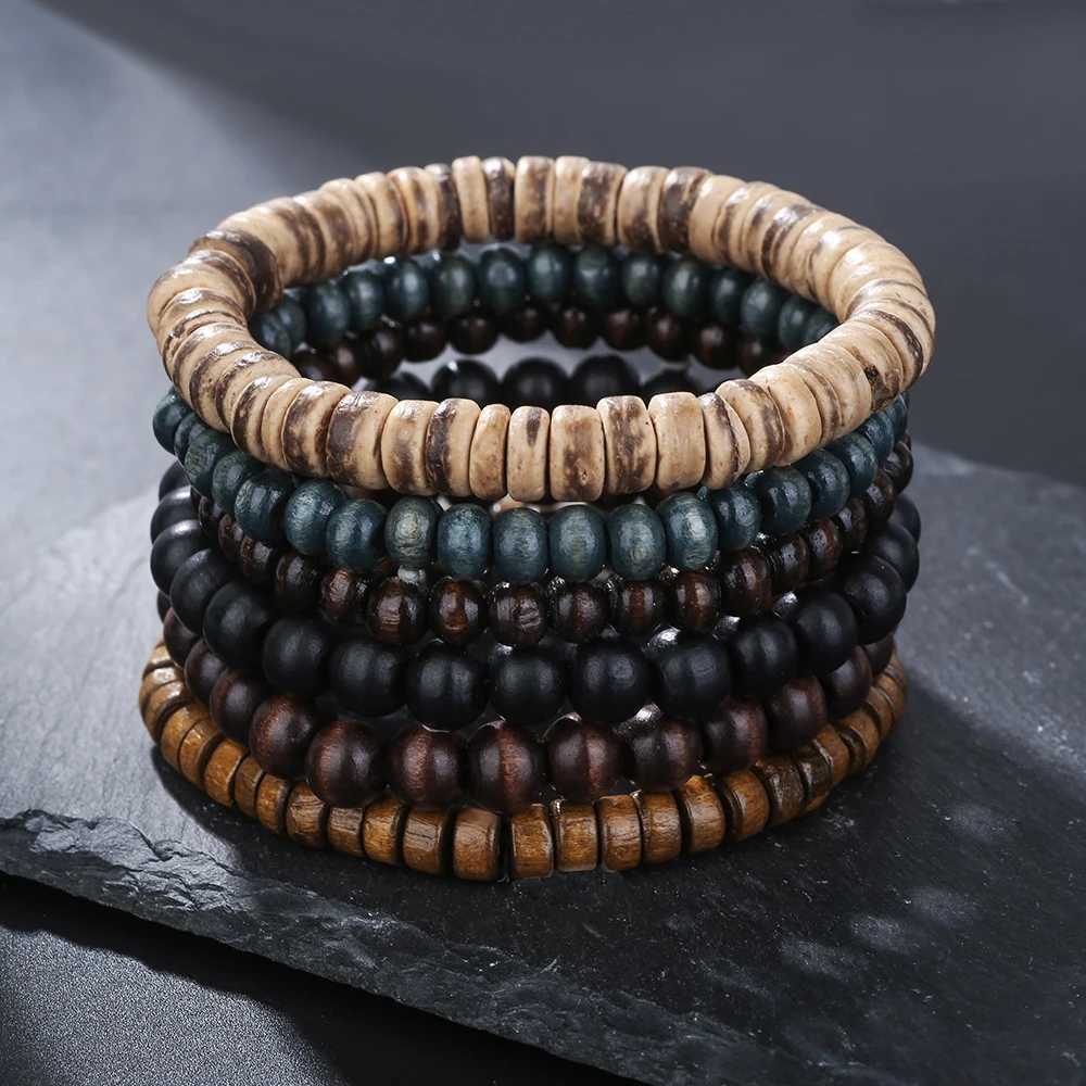 Best-selling Multi-layer Buddha Wood Bead Bracelets Sets Mens Retro Style Multi-layer Elastic Thread Adjustable Wooden BraceletX240912