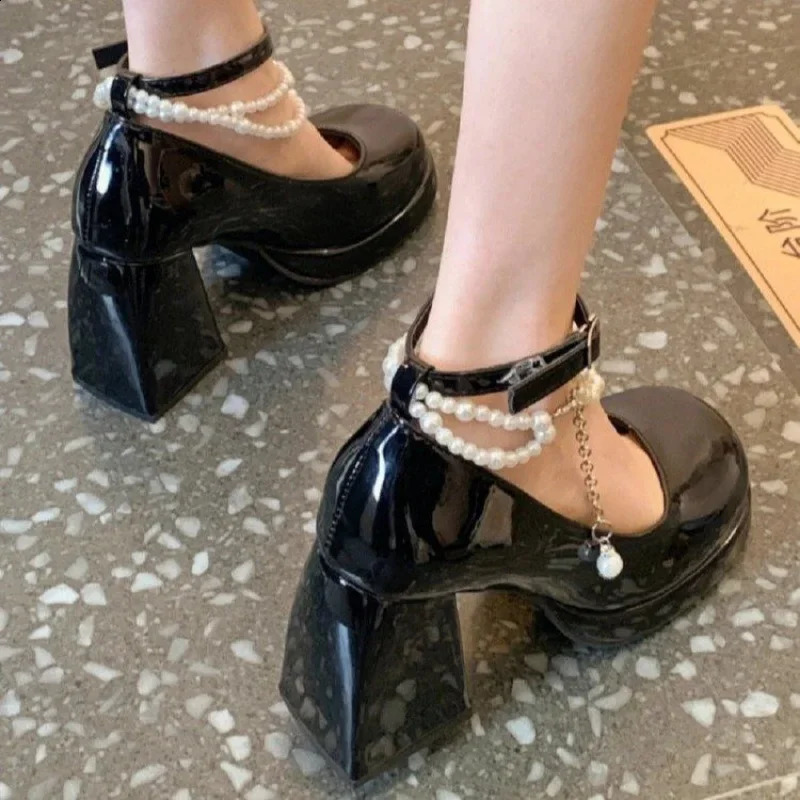 2025 new Ladies Elegant Bow Square Toe Black High Heels Fashion Thick Heel Party Pearl Lace Wedding Shoe 240904