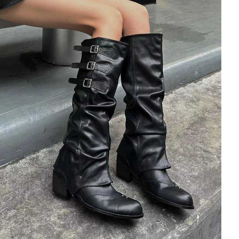 Western Cowboy Martin Boots For Women With Belt Buckles Pleated Pile Fashion Boots High Pointed Knight Boots Slim And Long Boots 240826