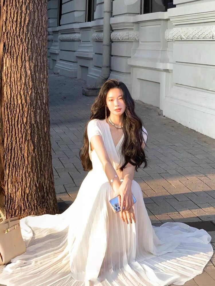 Womens Summer Pleated Long Dress - Elegant V-Neck High Waist Perfect for Weddings Parties