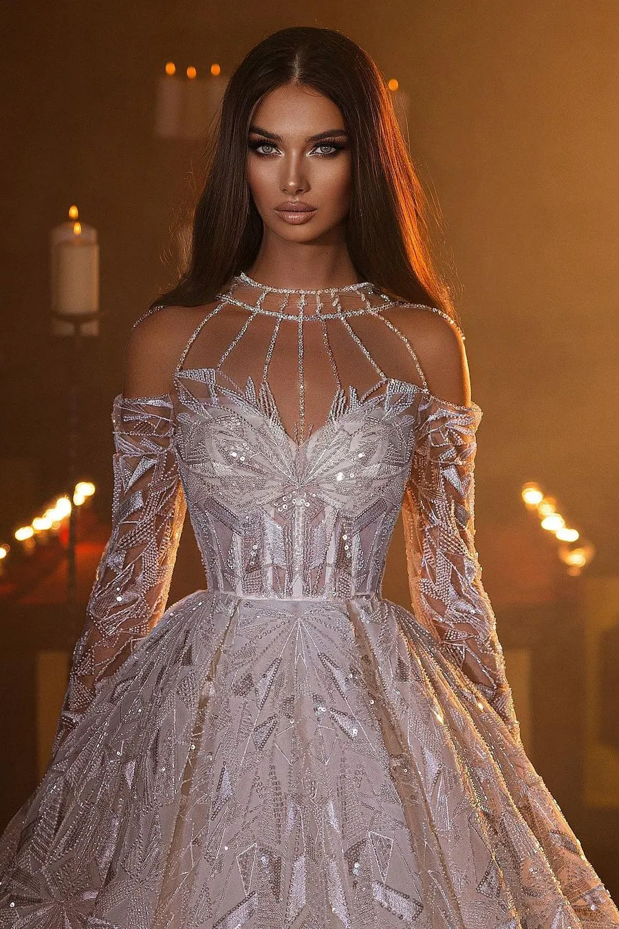 Designer A e Women Wedding Sheer Neck Long Sleeves Bridal Gowns Sequins Sweep Train Dress Custom Made vestidos de novia