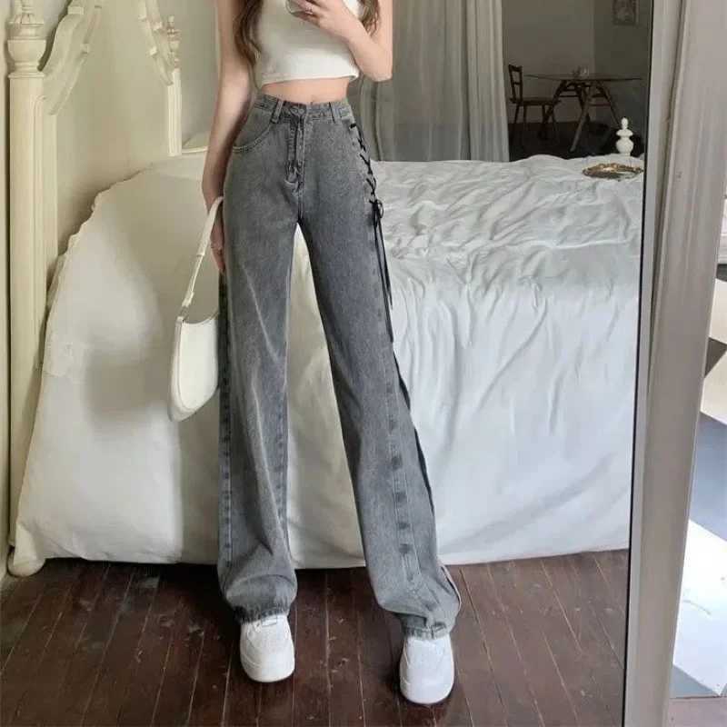 Design niche lace jeans for women in spring and summer 2024 featuring loose waist straight high street and popular wide leg pants W24091165476