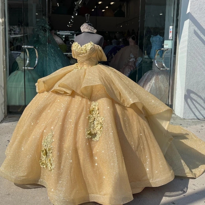 Gold Shiny Quinceanera Dresses 2025 Sweet 16 Dress Applique Lace Beads Tull Birthday Party Gown Vestidos 15 De Para XV Princess Miss Page