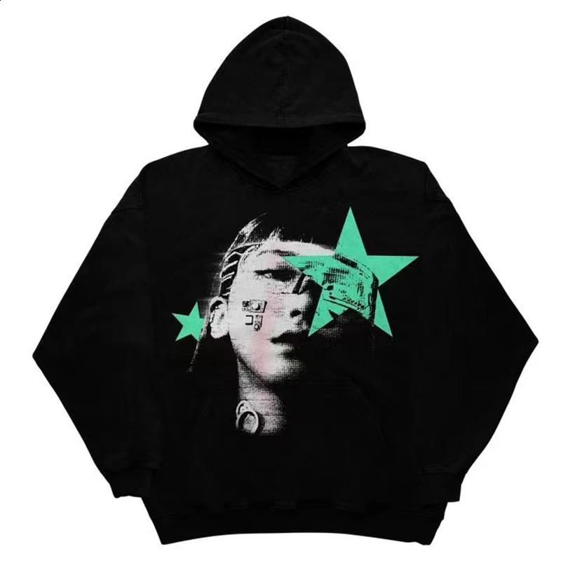 2000s Vintage Mens Streetwear Portrait Comic Print Long Sleeve Oversized Hoodies Y2K Gothic Harajuku Pullovers Sport Clothes 240911