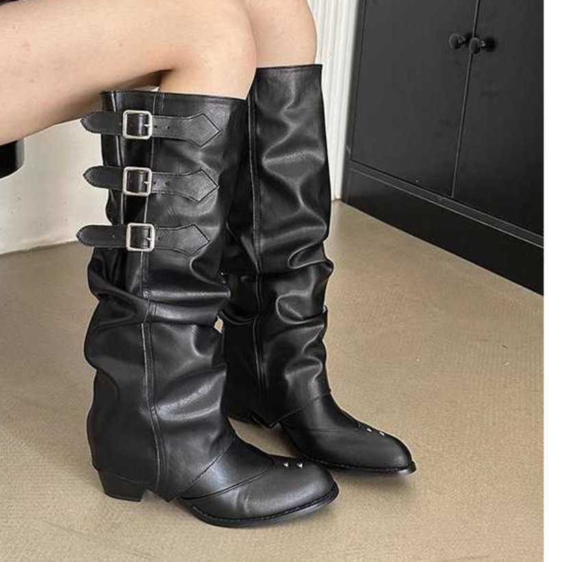 Western Cowboy Martin Boots For Women With Belt Buckles Pleated Pile Fashion Boots High Pointed Knight Boots Slim And Long Boots 240826