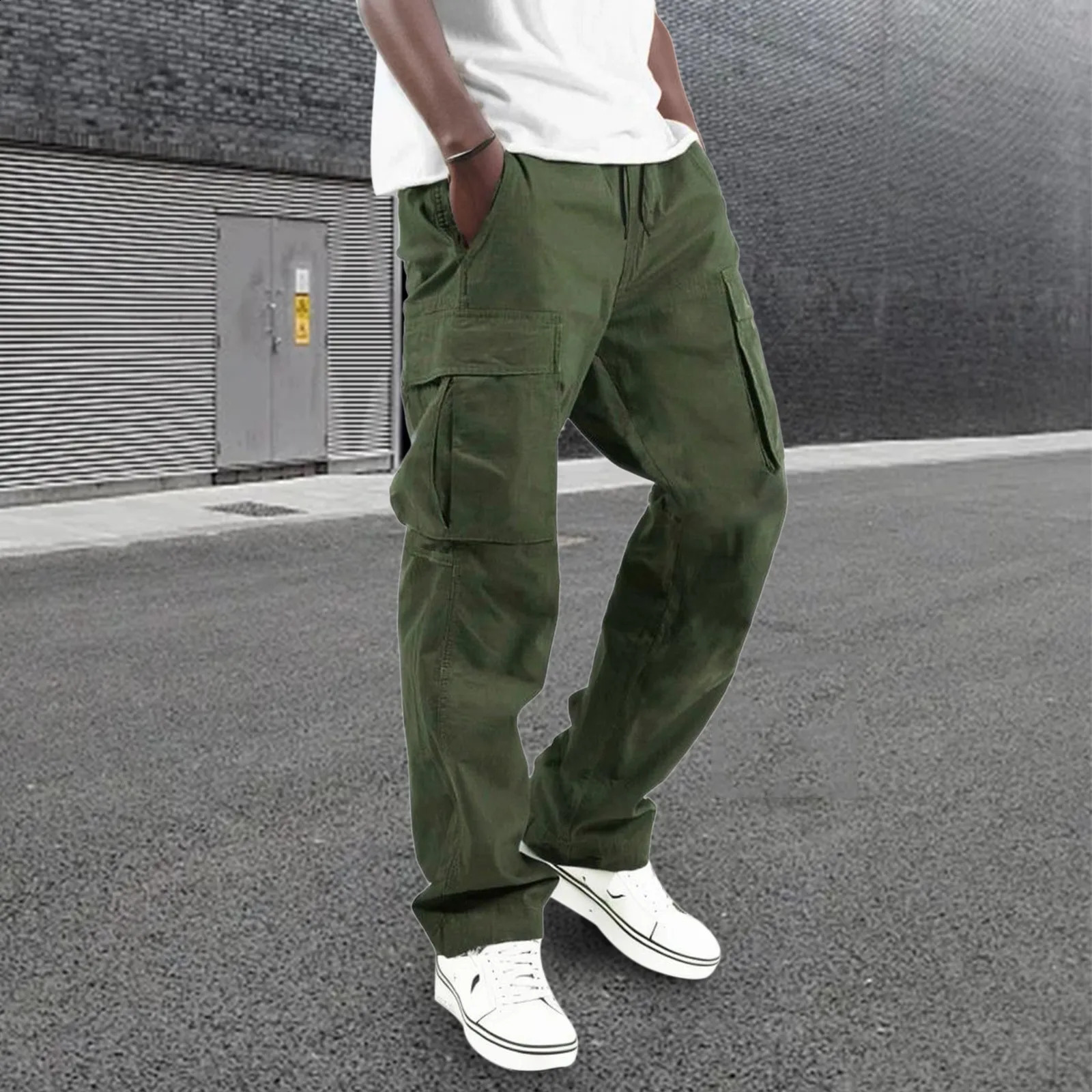All Seasons Streetwear Mens Trousers Fashion Multi Pocket Cargo Pants Baggy Pants Solid Colour Casual Drawstring Trousers 240911
