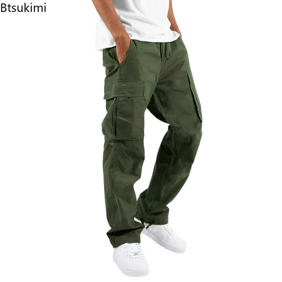 Cargo Pants Trousers for Men Full Length Solid Color Loose Multi-pocket Drawstring Pockets Pants Male Cargo Pants 5XL 240911